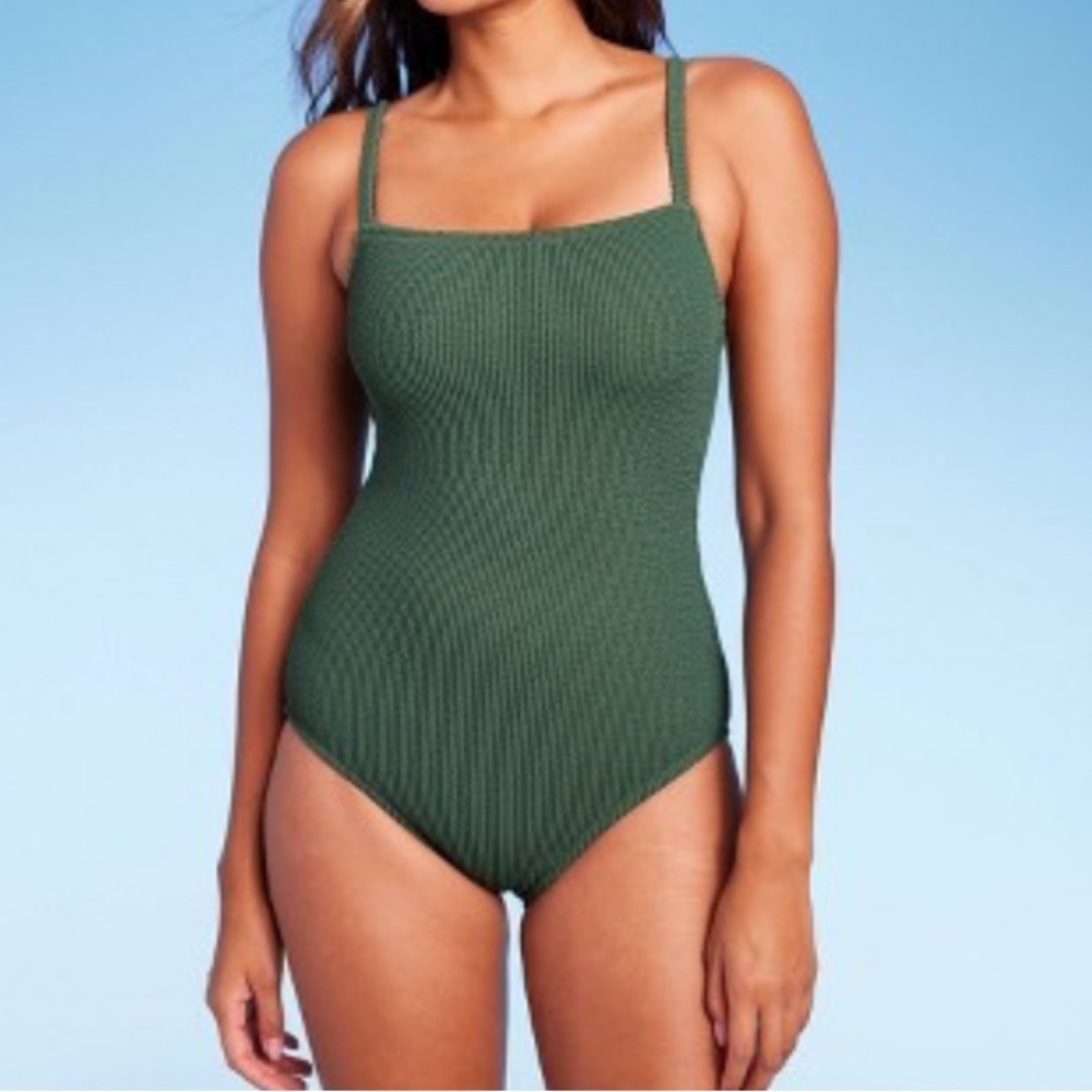 Kona Sol Green Textured Square Neck High Coverage One Piece Swimsuit